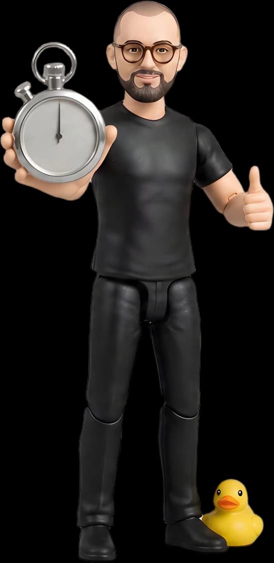 The figure holding up a stopwatch