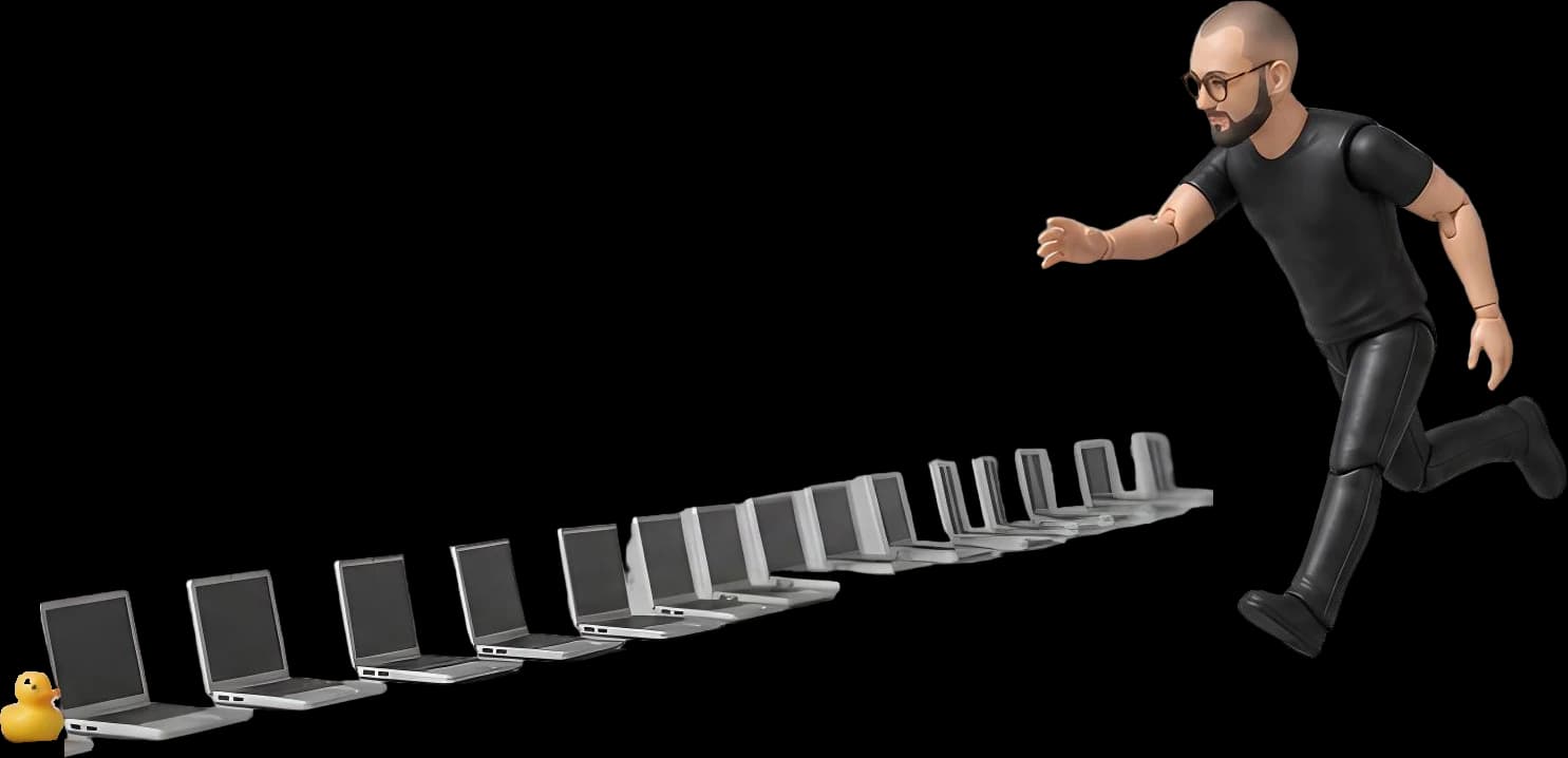 The figure running after a long line of identical laptops